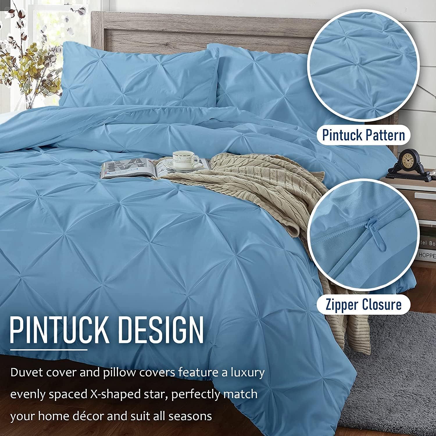 Crown Collection Luxuriate Hotel 1000-TC Hypoallergenic Ultra Soft Design 100% Egyptian Cotton Pinch Plated Duvet Cover with Zipper Colser & 2pcs Pillow Case Set (Oversize 98x120, Light Blue)