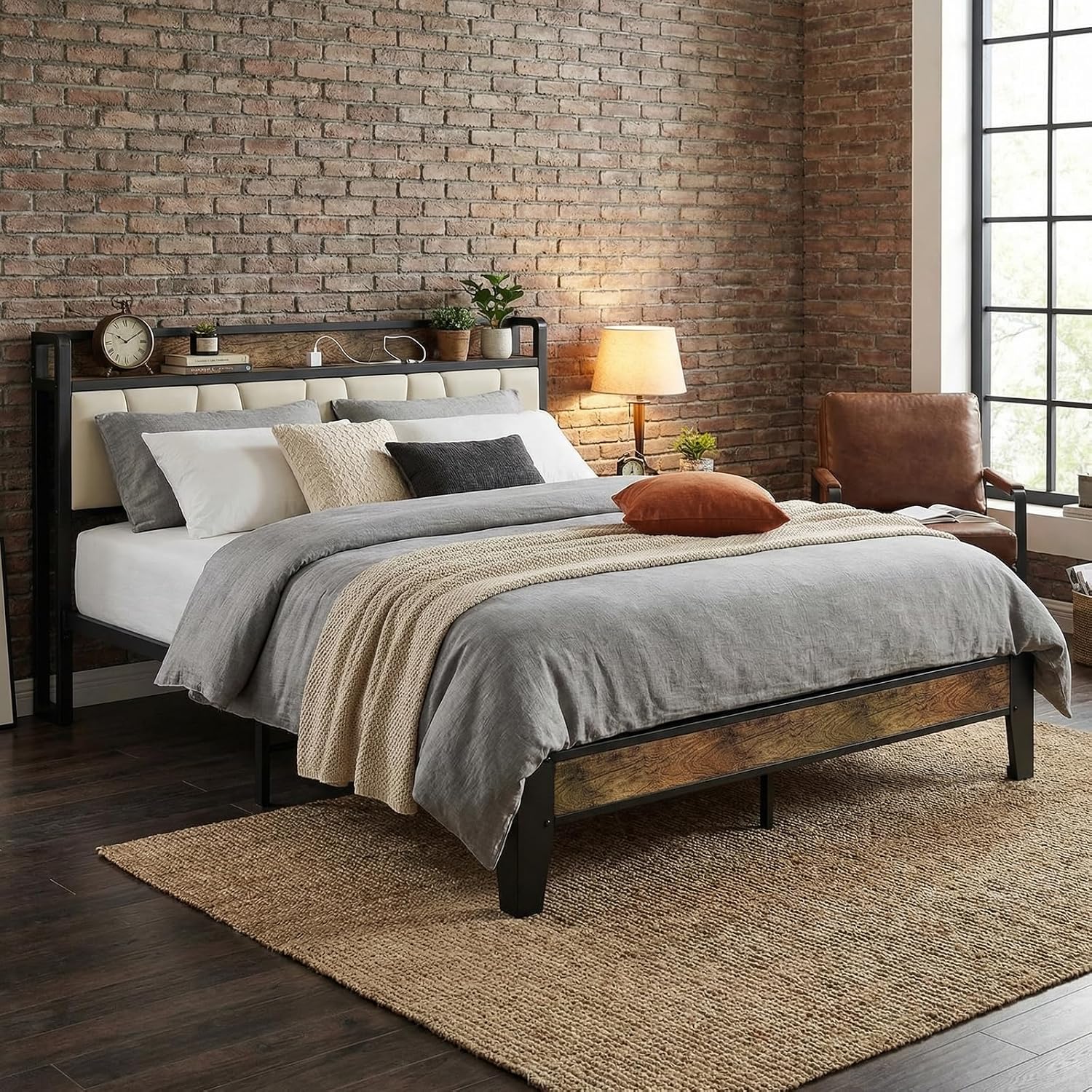 LIKIMIO Full Size Bed Frame, Storage Headboard with Charging Station, Solid and Stable, Noise Free, No Box Spring Needed, Easy Assembly (Walnut and Beige)