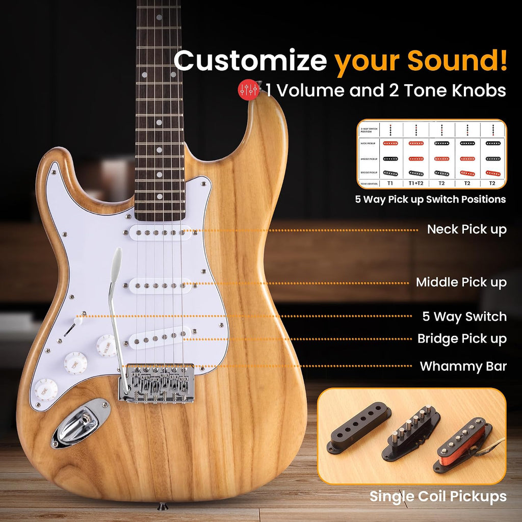 Pyle Left Handed Electric Guitar and Amp Kit - Full Size 39' Starter Kit with Wearable Bluetooth Amplifier, 1/4' Cable, Zip Case, Strap, Strings, Picks, Cleaning Cloth, ST-Style, (Natural Lefty)