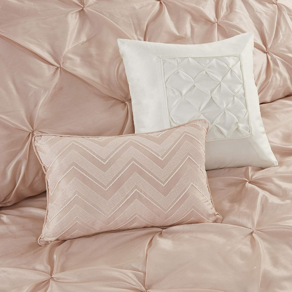 Madison Park Essentials Room in a Bag Faux Silk Comforter Set-Luxe Diamond Tufting All Season Bedding, Matching Curtains, Decorative Pillows, Cal King(104'x92'), Blush 24 Piece (MPE10-811)