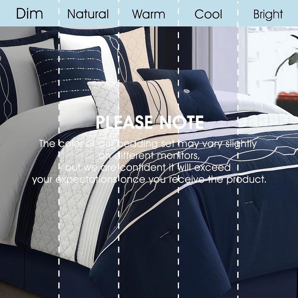 LANCO MODERN LIFESTYLE 7 Piece Comforter Set, King, White Navy Geometric Design, 100% Polyester, Luxury All Seasons Bed Set Includes Comforter, Bed Skirt, Pillow Shams, and Decorative Pillows