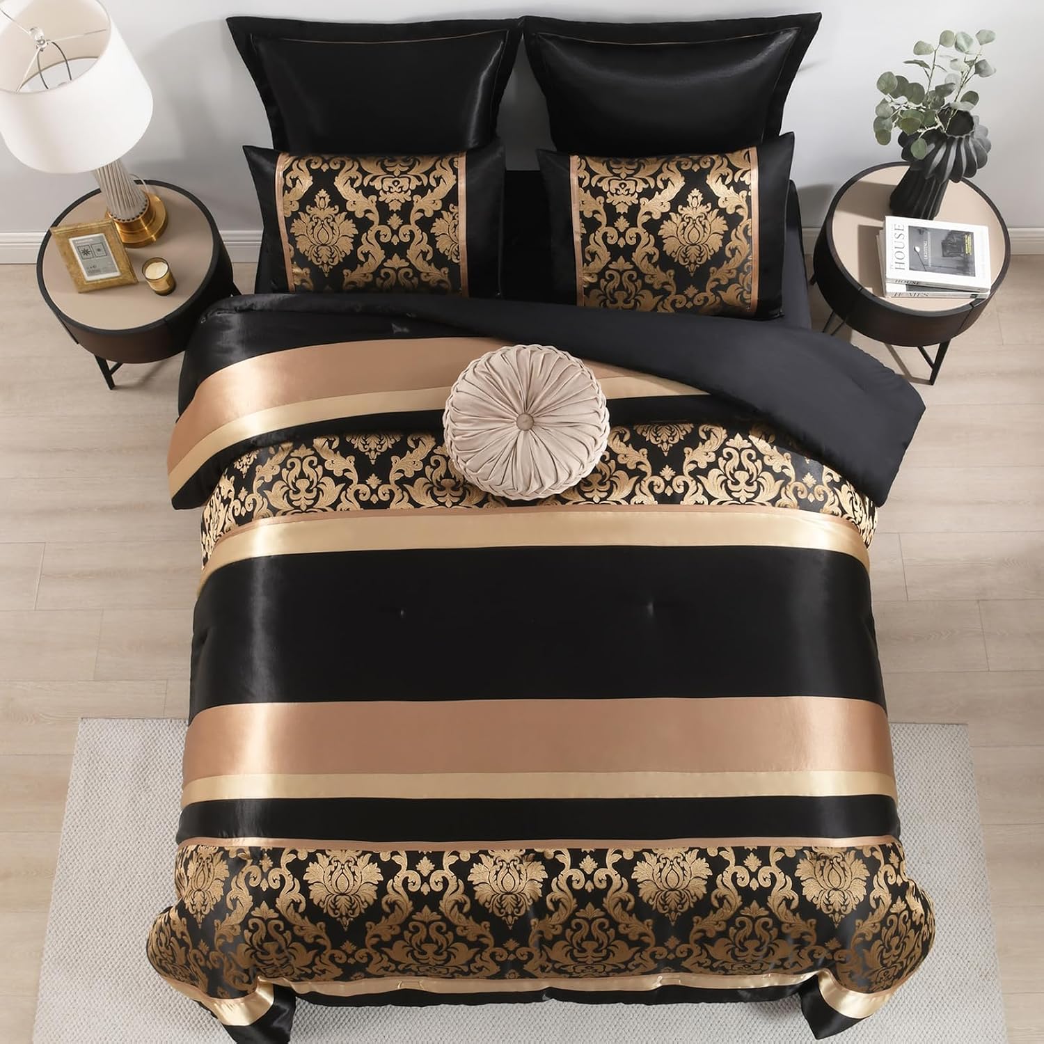 CozyDH Black Gold Floral Comforter Set California King - 7 Piece Luxury Jacquard Bed in a Bag Vintage Patchwork, All Season Down Alternative Bedding with Bed Skirt, Shams, Decorative Pillow, 104x96 in
