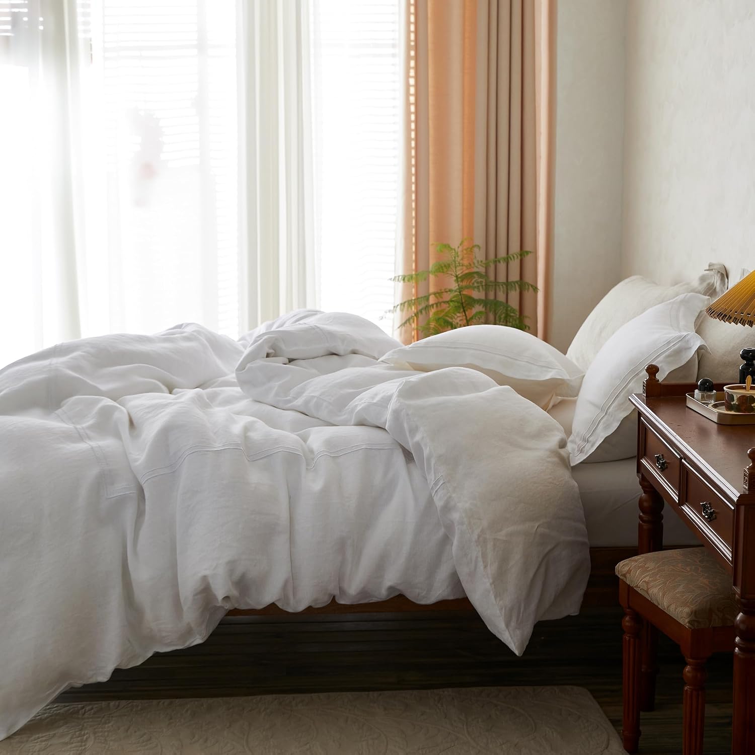 Simple&Opulence 100% Washed Linen Duvet Cover Set 104'x92' - 3 Pieces Soft Farmhouse Comforter Cover Set Double Embroidered with Button Closure - 1 Duvet Cover and 2 Pillowcases (White, King)