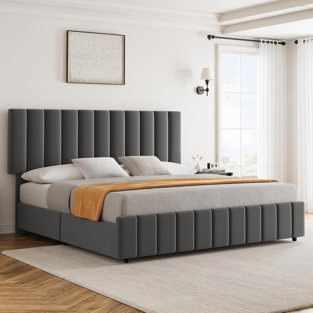Garvee Full Size Bed Frame with 4 Storage Drawers, Adjustable Height Headboard, Linen Upholstered Platform Bed Frame, No Box Spring Needed, Easy Assembly, Grey