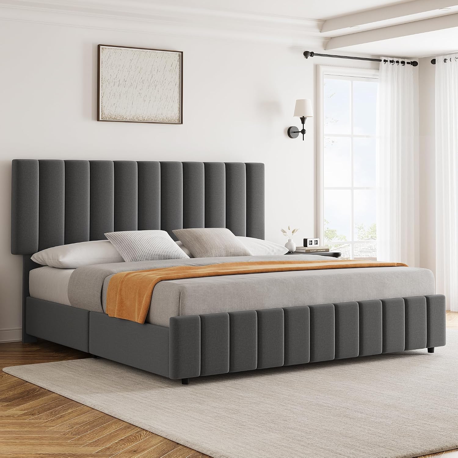 Garvee King Size Bed Frame with 4 Storage Drawers, Adjustable Height Headboard, Linen Upholstered Platform Bed Frame, No Box Spring Needed, Easy Assembly, Grey