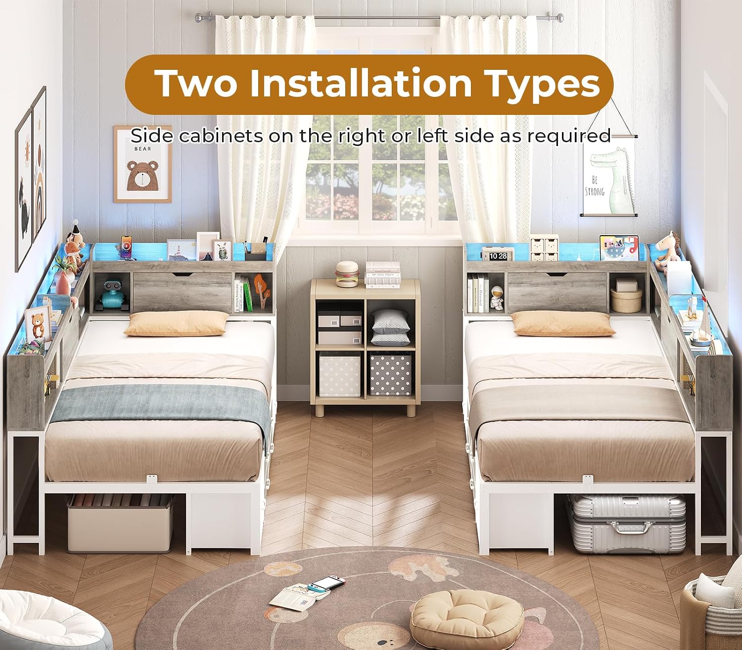AOGLLATI Twin Corner Bed Frame with Bookcase and Hidden Storage & Metal Platform Twin Size Daybed with 6 Drawers,Charging Station, Led Lights- for Kids, Teens, Grey