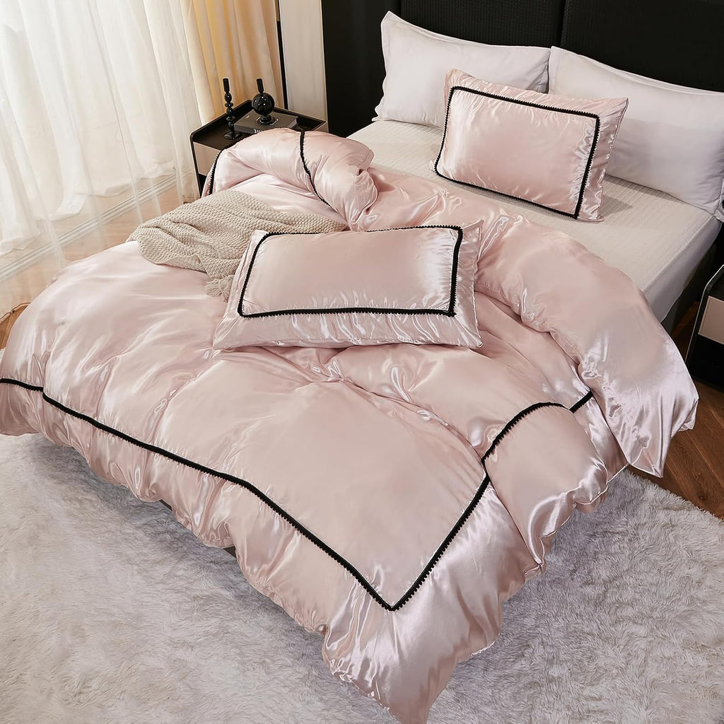 Herside Pink Mocha Satin Comforter Set 7 Pcs King Size Bed in a Bag Luxury Satin Bedding Set with Comforter Pillowcases and Sheets Sets Mini Pompoms Design Super Soft Silky Bed Set for All Seasons