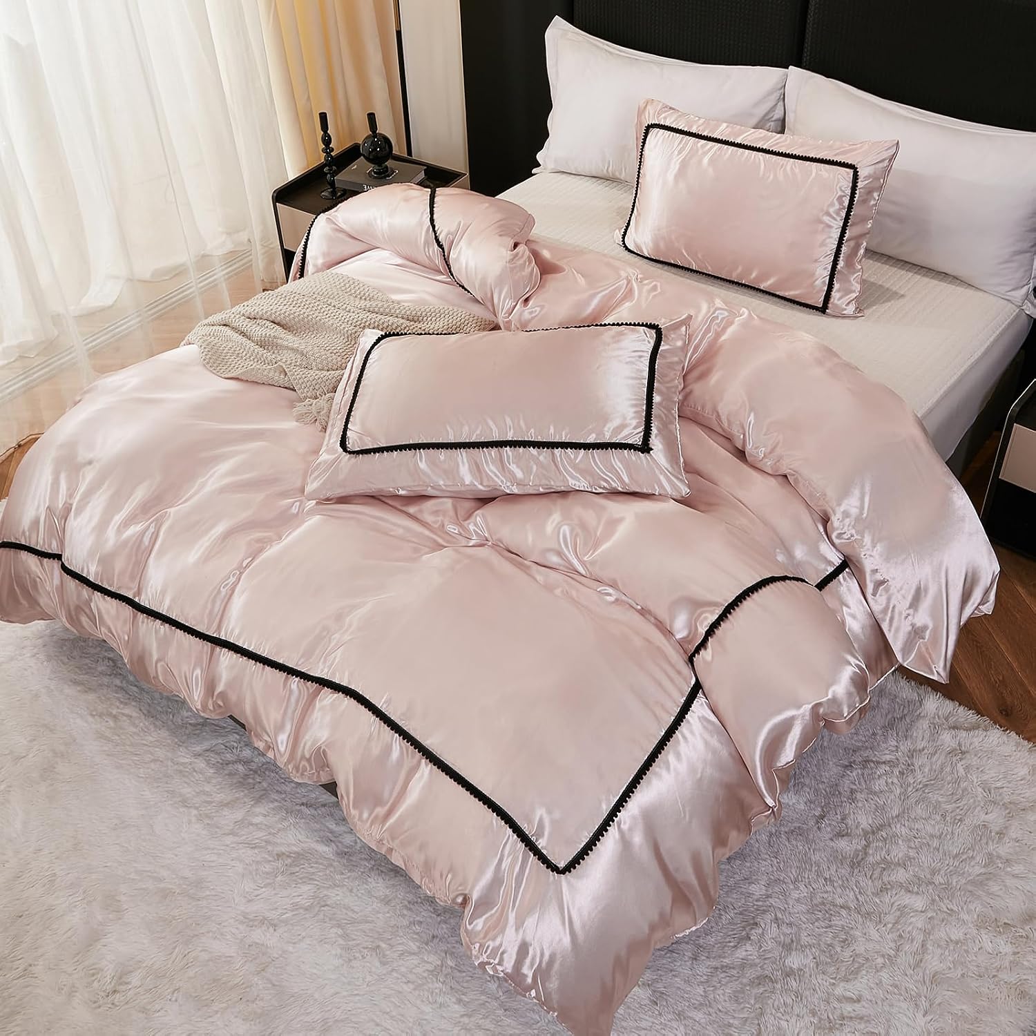 Herside Pink Mocha Satin Comforter Set 7 Pcs King Size Bed in a Bag Luxury Satin Bedding Set with Comforter Pillowcases and Sheets Sets Mini Pompoms Design Super Soft Silky Bed Set for All Seasons