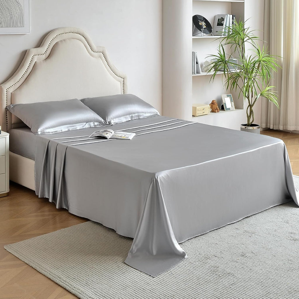 Silk Sheet Set - 100% Mulberry Silk, 19 Momme, Deep Pockets, Ultra Soft Luxury Bedding (Gray, King)