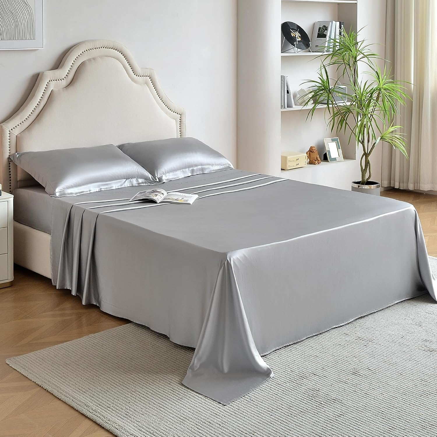 Silk Sheet Set - 100% Mulberry Silk, 19 Momme, Deep Pockets, Ultra Soft Luxury Bedding (Gray, King)
