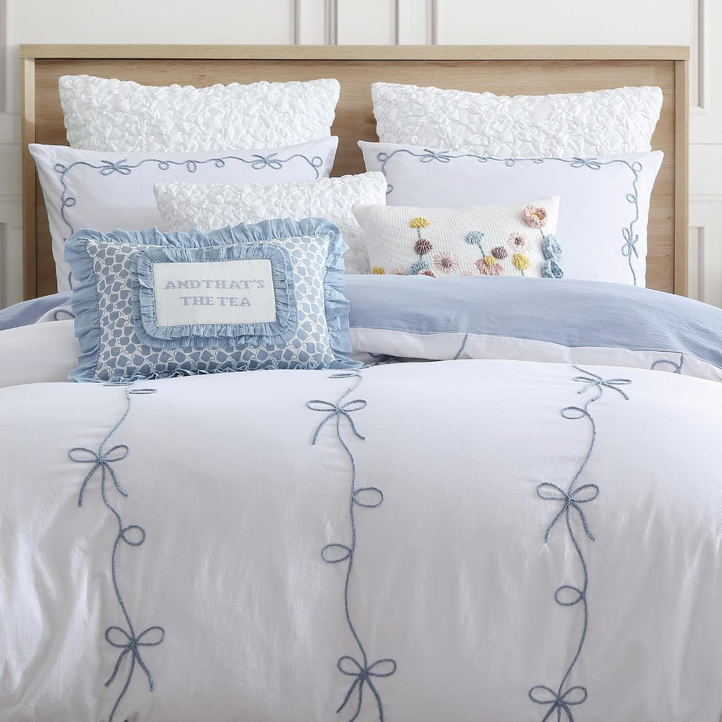 Peri Home Bows Bedding Cottage Core 100% Cotton 3-Piece Comforter and Sham Set, King, Blue Sasha Bows