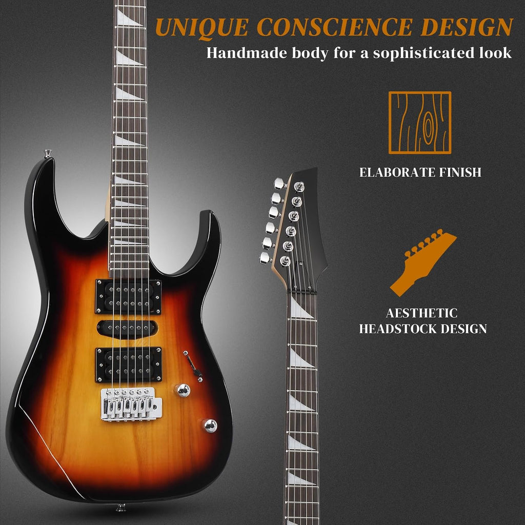 Ktaxon 39' Electric Guitar with 20Watt Amp, Full Size 170 Model Starter Guitar Kit for Beginners & Professionals W/Bag, Shoulder Strap, Wrench Tool, Plectrum - Brown Sunburst
