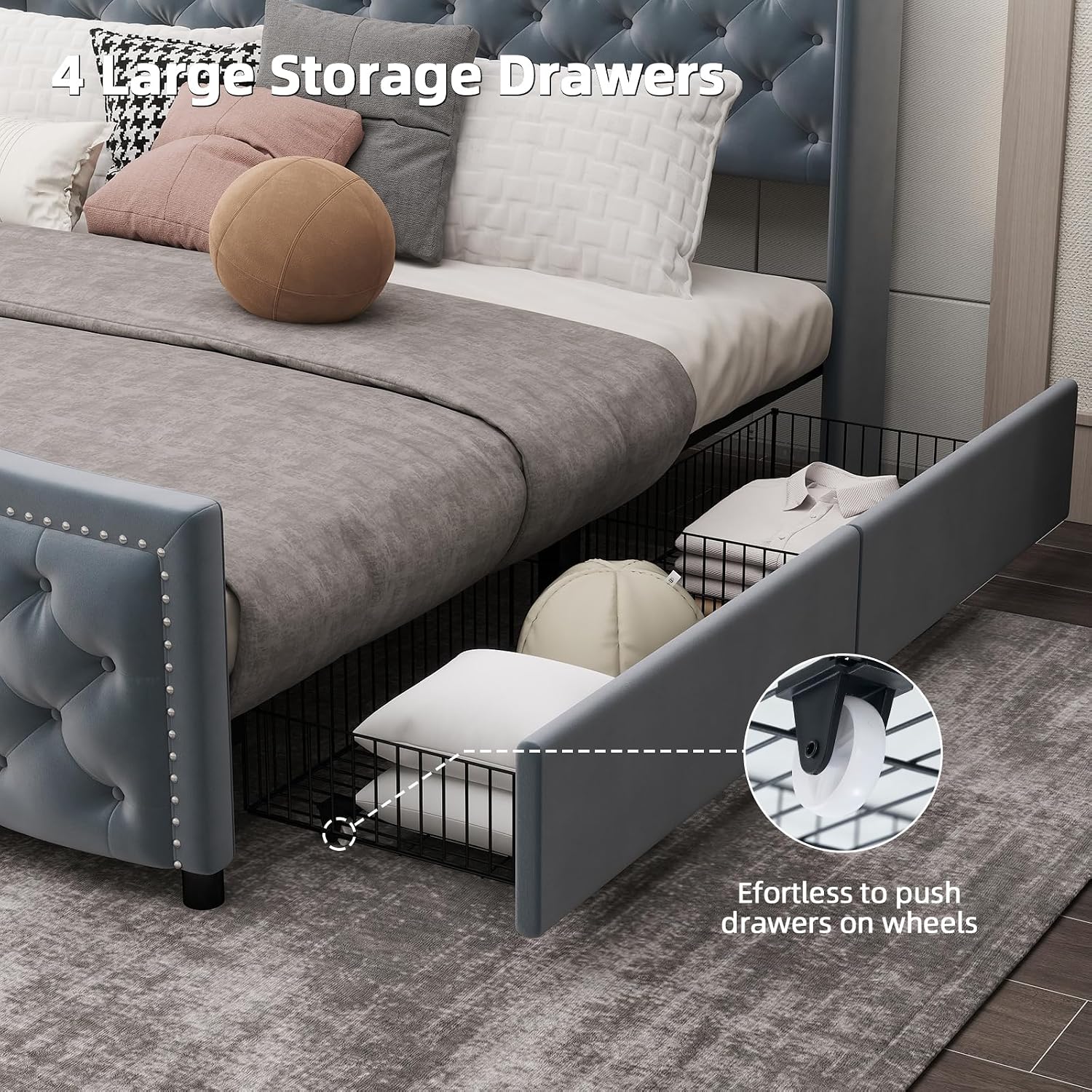 CANMOV King Size Upholstered Bed Frame with 4 Storage Drawers,Comfortable Fabric Platform Bed Frame with Wingback Headboard & Footboard,Wooden Slats Support,No Box Spring Needed,Dark Grey