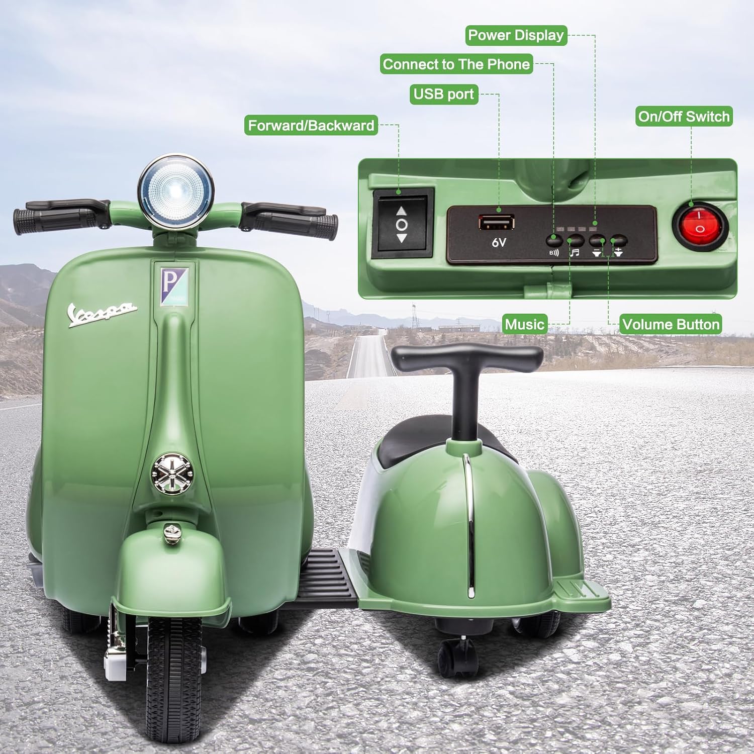 Licensed Vespa Kids Ride On Car with Side Car & Speaker | Motorcycle 2 Seater Three Wheeled Toy Car Rechargeable with Music Player, Volume Button, Lights, USB Plug, Forward, Backward, Green