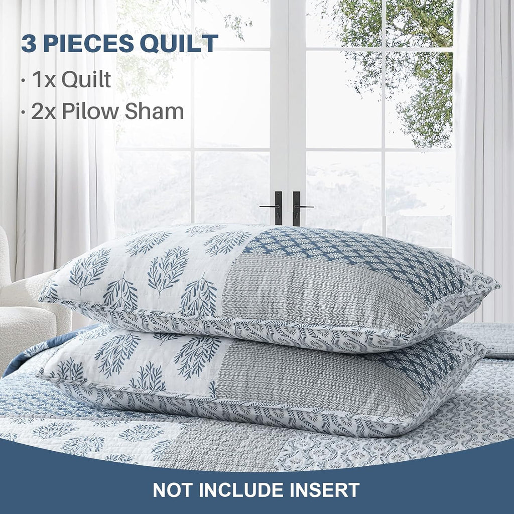 Y-PLWOMEN King Size Quilt, 100% Cotton Lightweight Soft King Quilt, Blue Grey White Quilted Bedspread, Patchwork Reversible Quilt Bedding Set All Season, 3-Pieces1