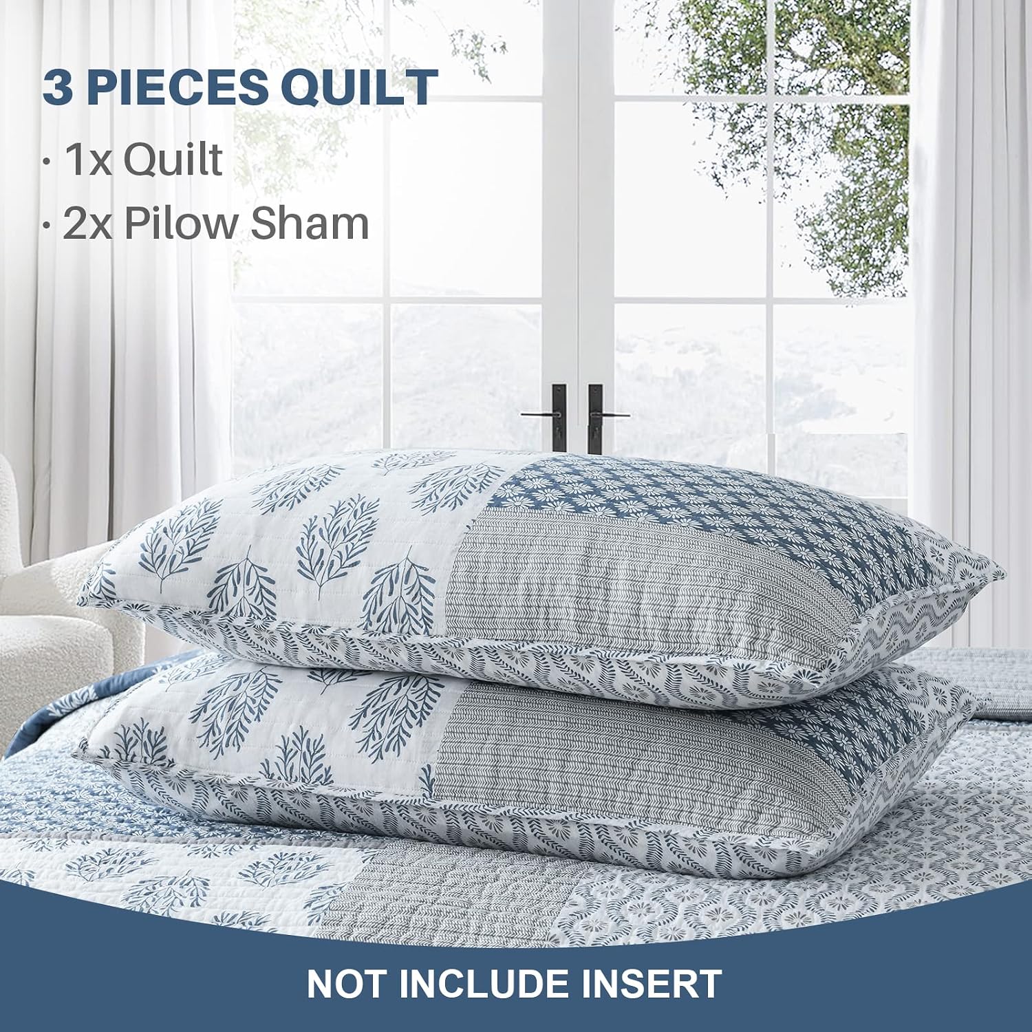 Y-PLWOMEN King Size Quilt, 100% Cotton Lightweight Soft King Quilt, Blue Grey White Quilted Bedspread, Patchwork Reversible Quilt Bedding Set All Season, 3-Pieces1