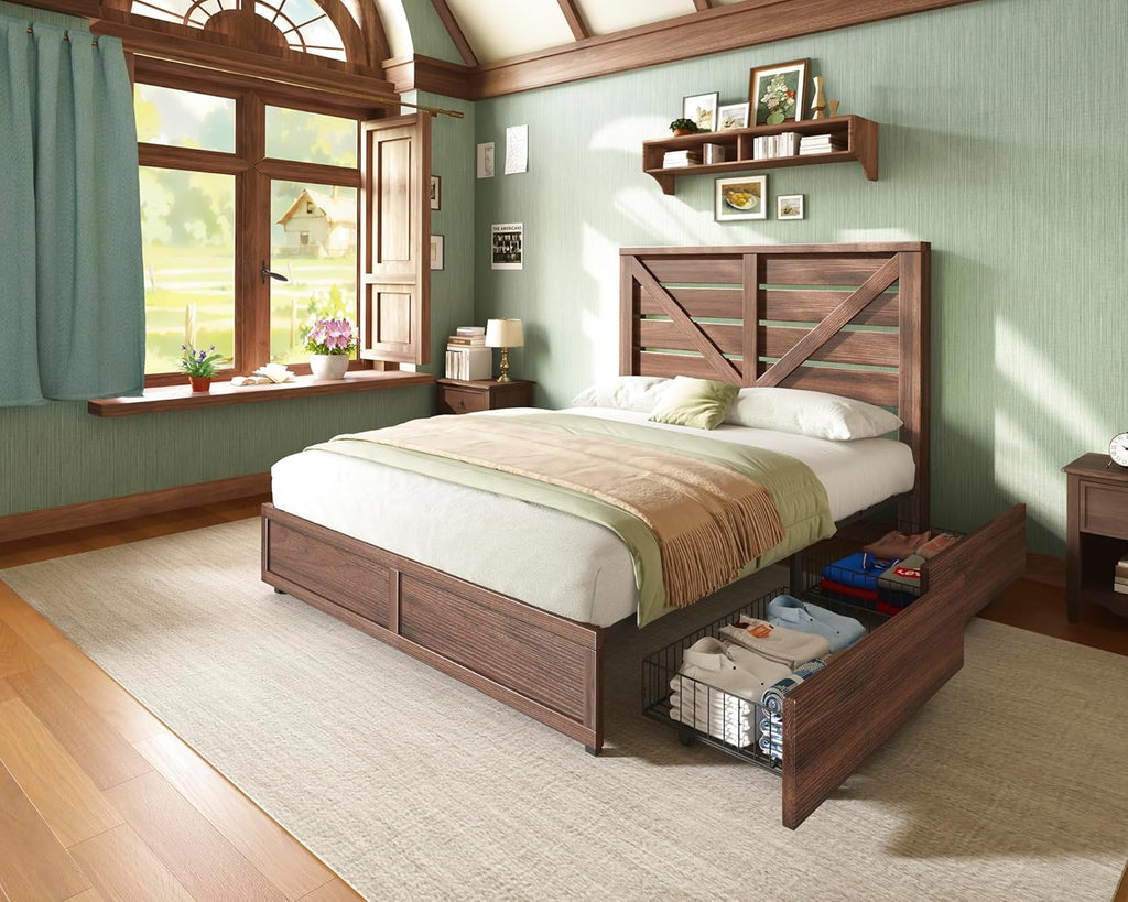 AMERLIFE Full Size Farmhouse Bed Frame with 4 Drawers, Wooden Storage Bed Frame with Headboard and Heavy Duty Metal Slats, Noisy Free, Easy Assemble, Rusric Brown