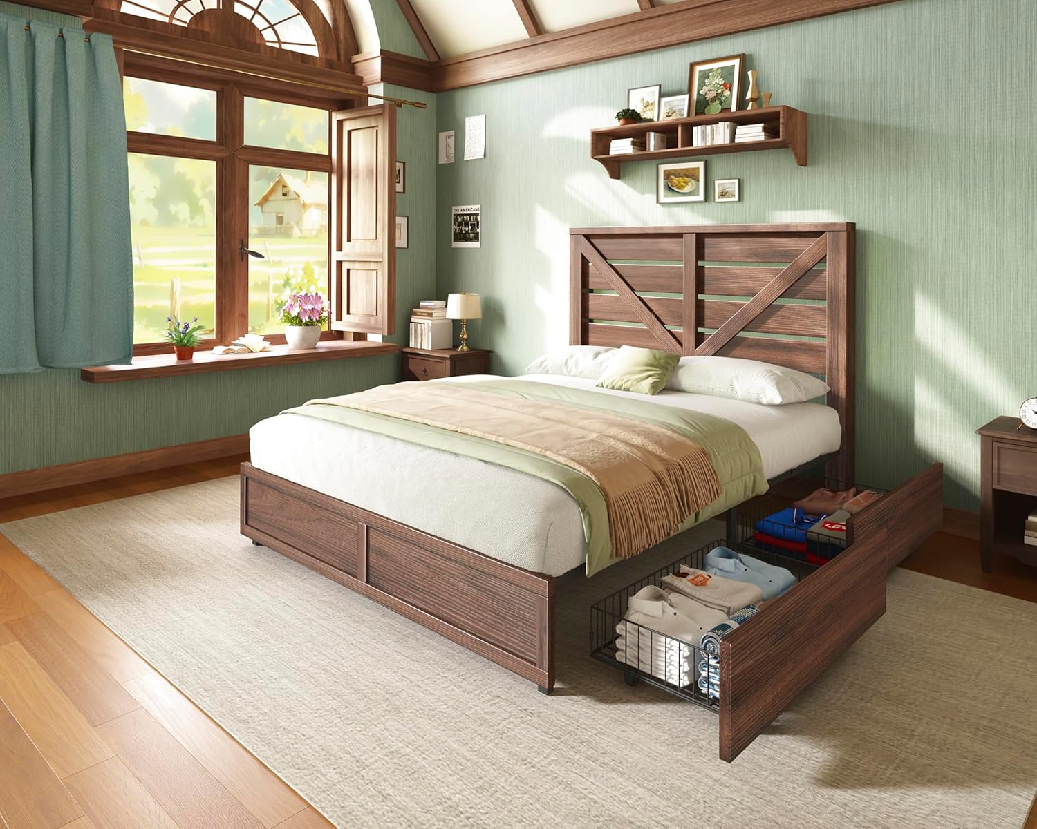 AMERLIFE Full Size Farmhouse Bed Frame with 4 Drawers, Wooden Storage Bed Frame with Headboard and Heavy Duty Metal Slats, Noisy Free, Easy Assemble, Rusric Brown