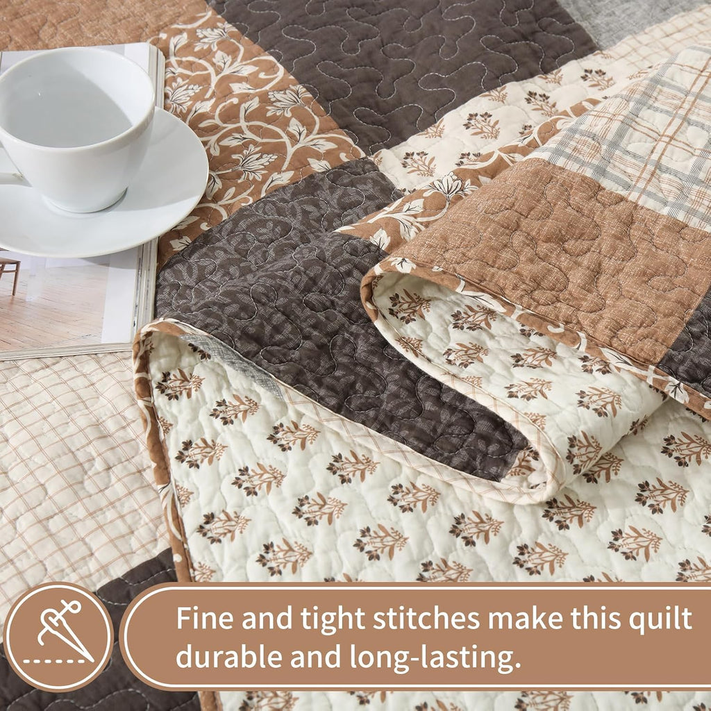 KALOOLA 100% Cotton Quilt Set King Size - Farmhouse Printed Patchwork Bedspread with 2 Pillow Shams, Reversible Plaid Botanical Bedding Coverlet for All Season, 3 Pieces, Brown/Charcoal/Gray