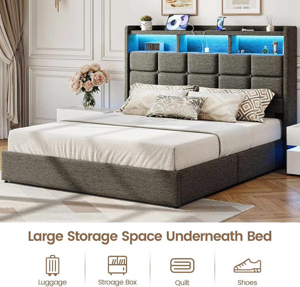 Driftalia Lift Up Full Size Bed Frame with Storage, Upholstered Full Bed Frame with LED Lights Headboard and Charging Station, No Box Spring Needed, Easy Assembly - Dark Grey
