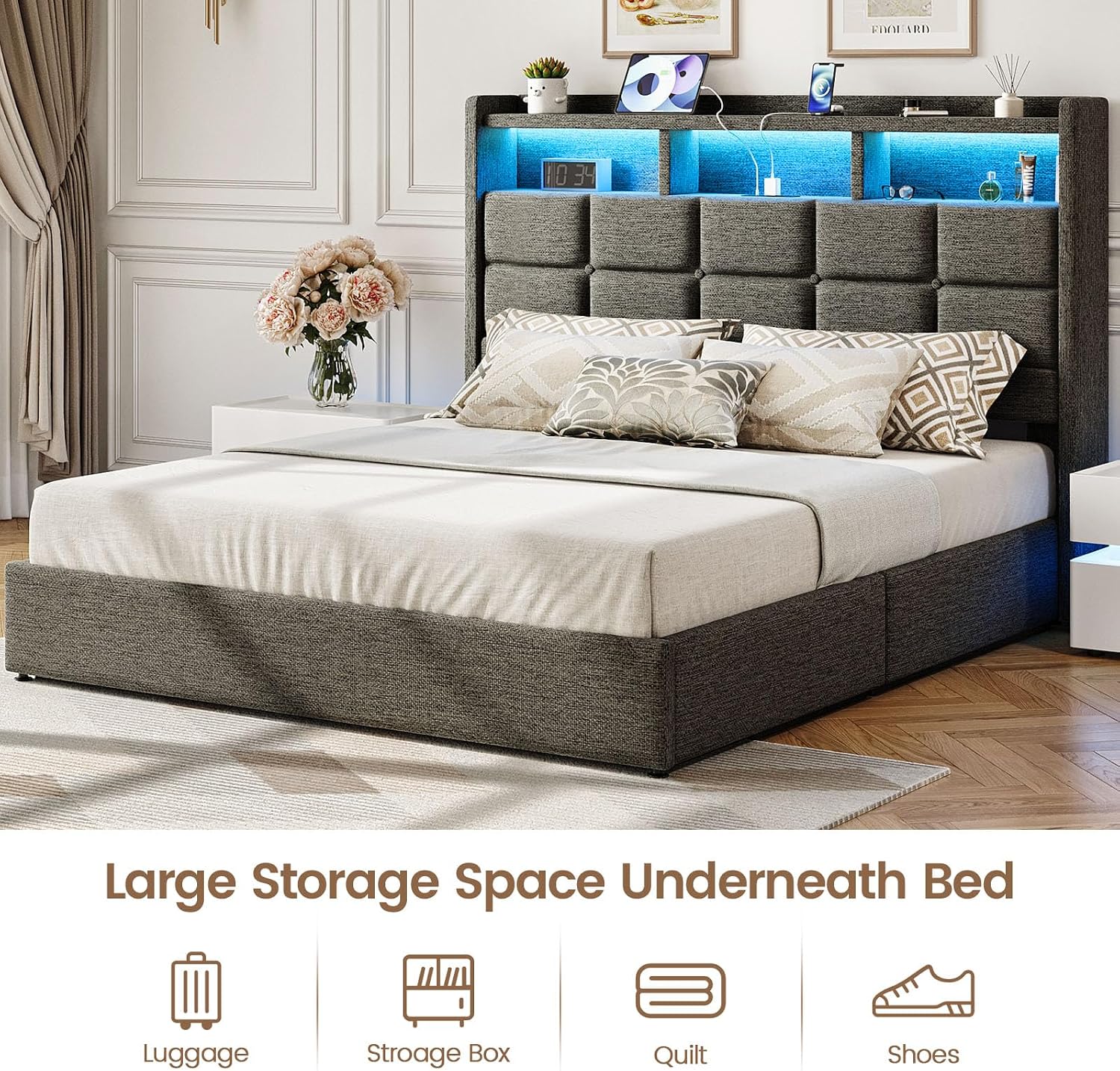 Driftalia Lift Up Full Size Bed Frame with Storage, Upholstered Full Bed Frame with LED Lights Headboard and Charging Station, No Box Spring Needed, Easy Assembly - Dark Grey