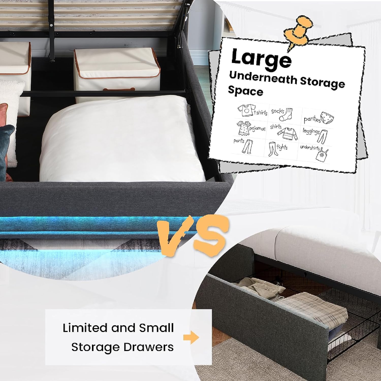 Ailisite Lift Up Storage Queen Bed, Upholstered Platform Bed with Button Tufted Wingback Storage Headboard, Bed Frame Queen Size with Led Lights and Charging Station, No Box Spring Needed, Grey