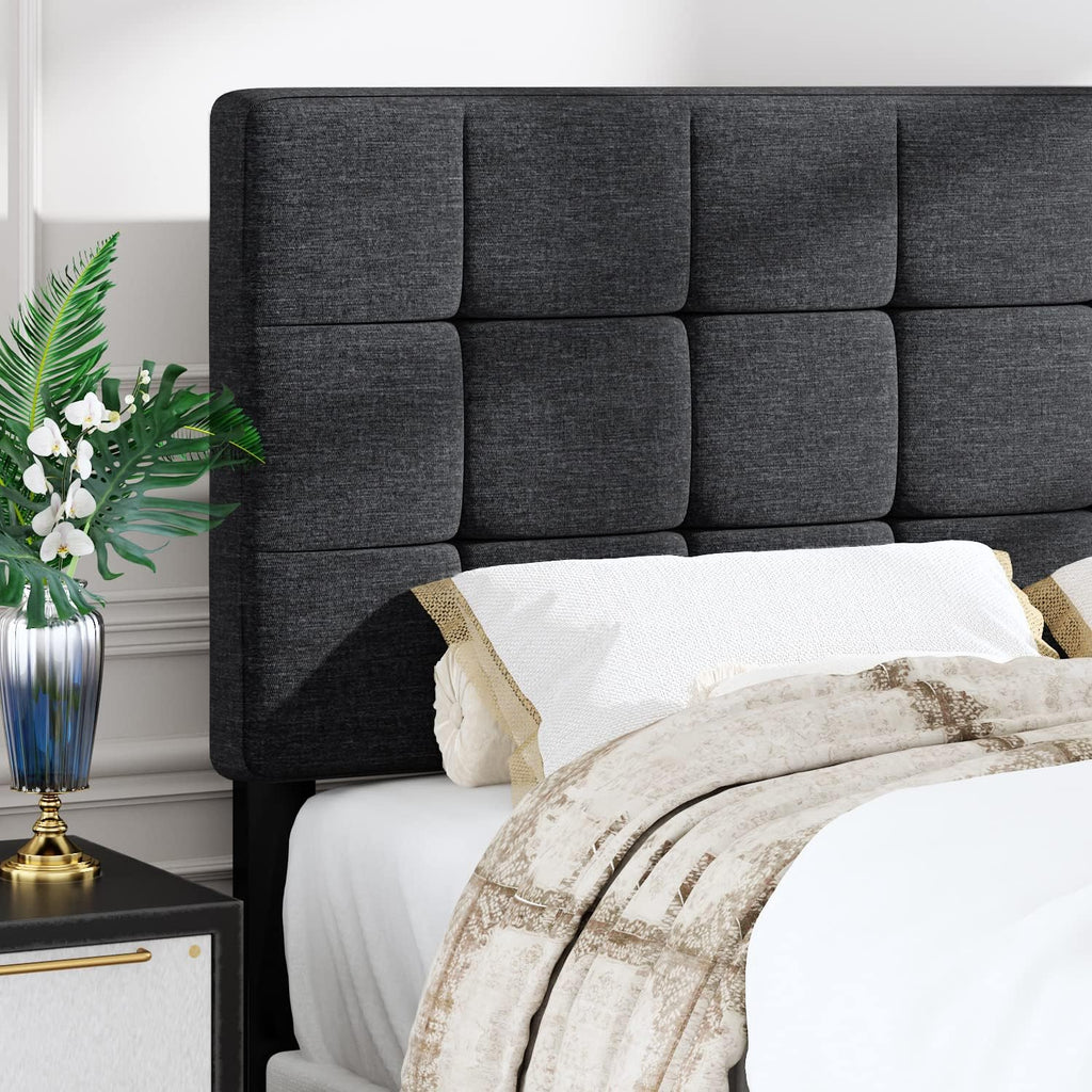 Allewie Full Size Panel Bed Frame with Adjustable Headboard for High Profile/Fabric Upholstered/Square Stitched Padded Headboard/Box Spring or Bunkie Board Required/Dark Grey