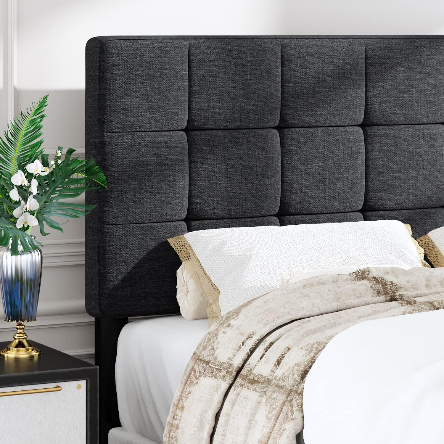 Allewie Full Size Panel Bed Frame with Adjustable Headboard for High Profile/Fabric Upholstered/Square Stitched Padded Headboard/Box Spring or Bunkie Board Required/Dark Grey