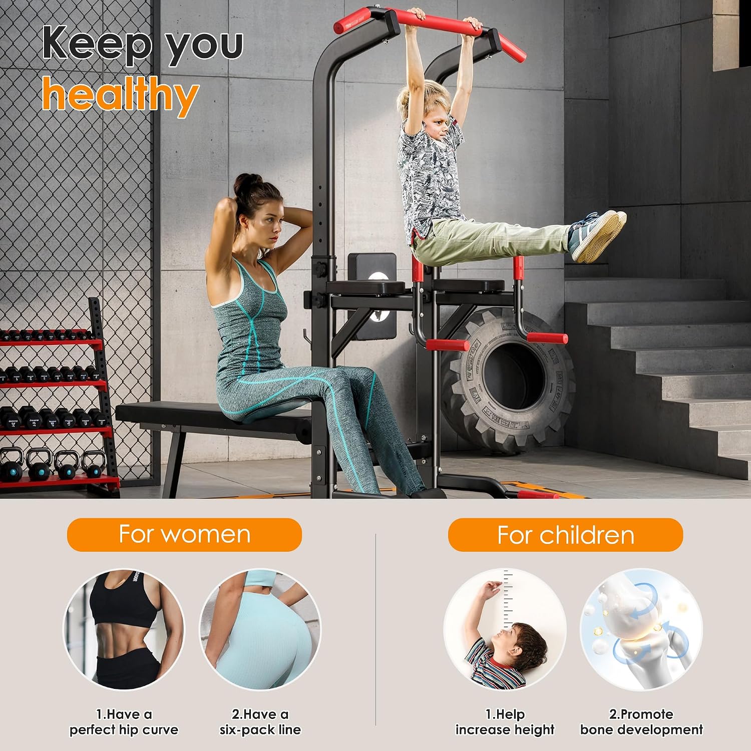 soges Pull Up Bar Dip Station, Power Tower with Folding Dumbbell Bench & Backrest, Adjustable Height Pull Up Bar Stand, Multi-Function Home Gym Strength Training Fitness Equipment 330LBS