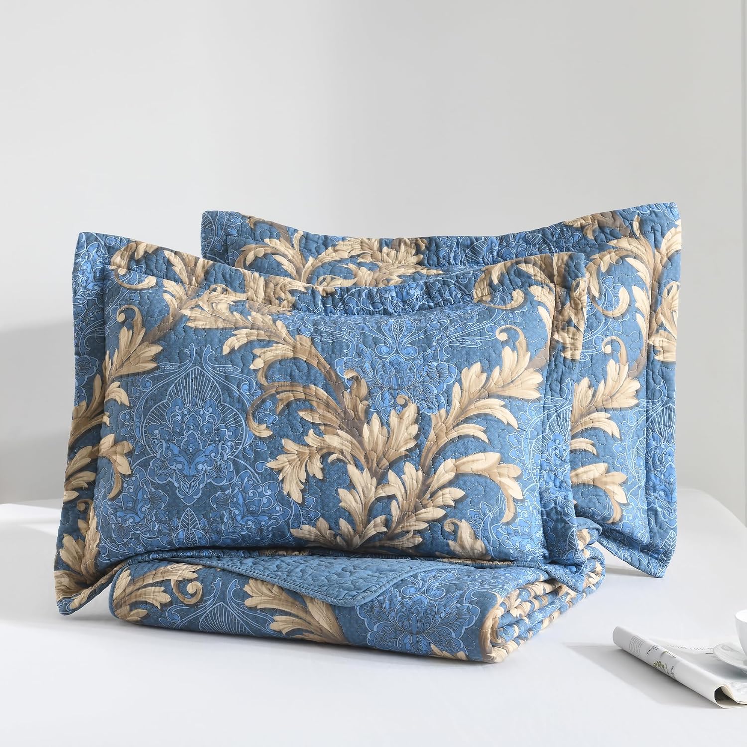 King Size Quilt Set - Blue and Brown Quilt King, 100% Cotton Damask Bedspread Set 3 Piece, Classic Elegant Lightweight Comforter, Reversible Quilt Bedding Set for All Season