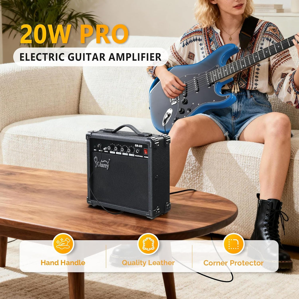 GLARRY Full Size Electric Guitar for Music Lover Beginner with 20W Amp and Accessories Pack Guitar Bag (BLACK & BLUE, 39' Right Handed)