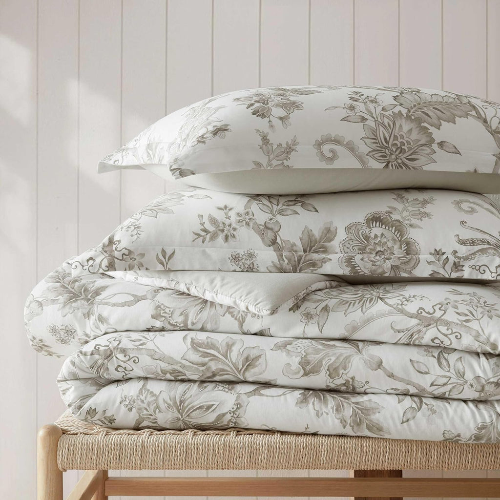 Martha Stewart - Queen Duvet Cover Set, Smooth Sateen Front with Subtle Sheen & Lightweight Cotton Percale Reverse, 3 Piece Bed Set with Matching Pillowcases (Avery Floral Grey)