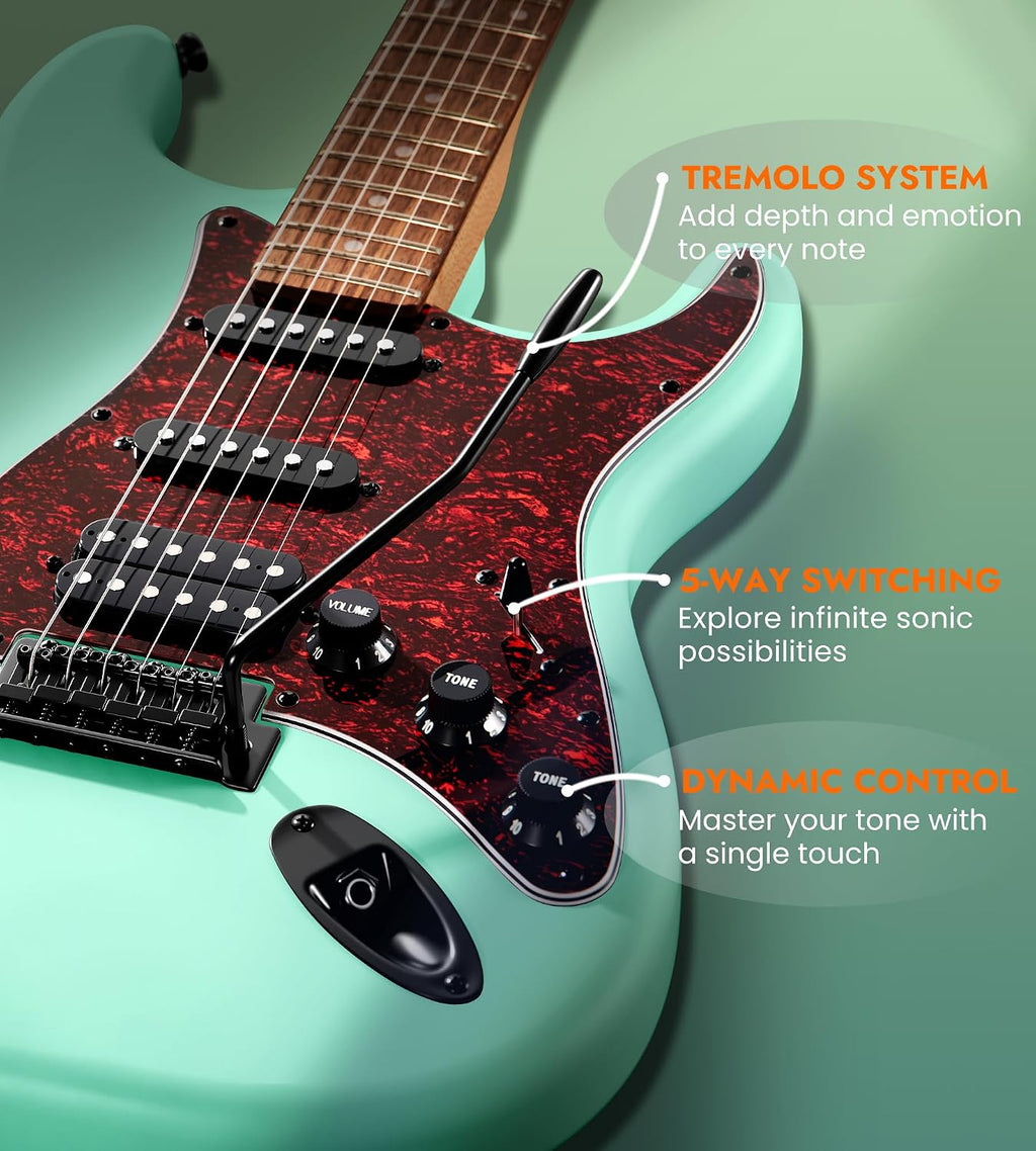 Tostar Electric Guitar Full Size Kit for Beginners 6 String Bundle with Amp SSH Pickup with Gig Bag,Capo,Tremolo, Strap, Picks Green Electric Guitars 39' for Gifts
