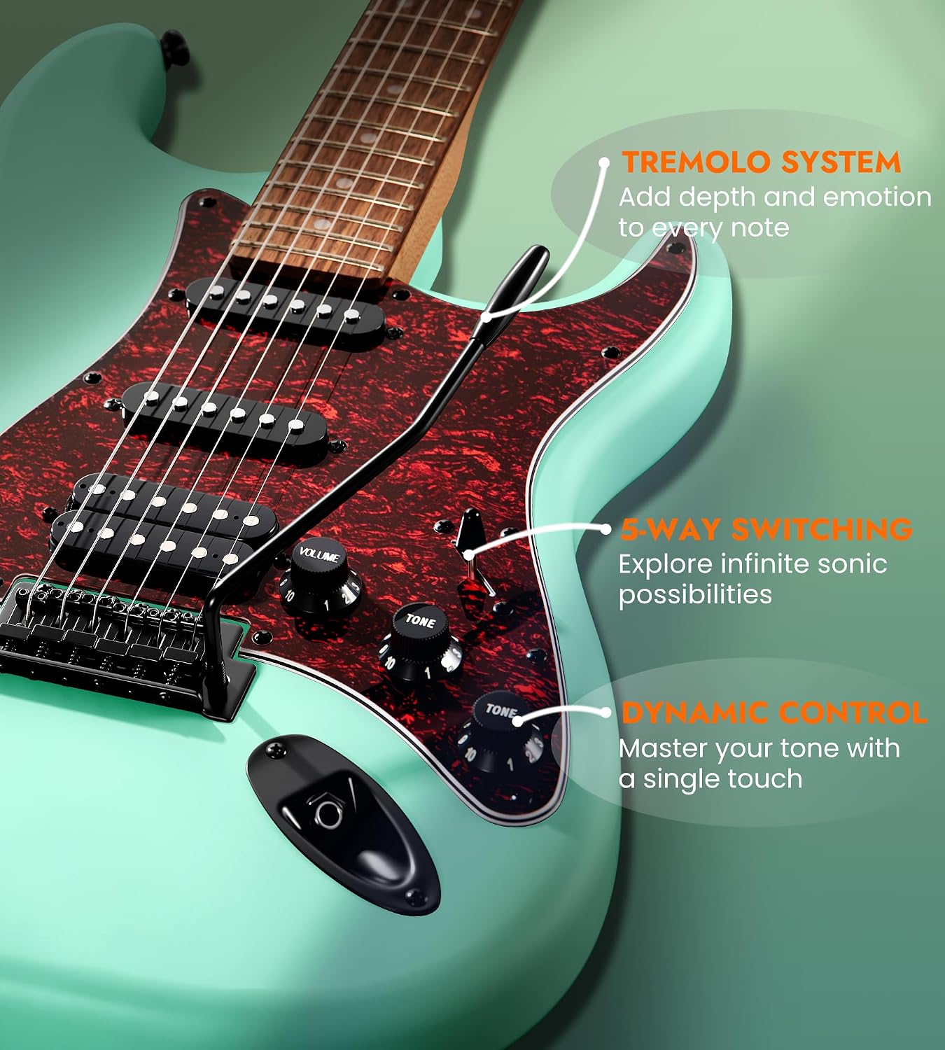 Tostar Electric Guitar Full Size Kit for Beginners 6 String Bundle with Amp SSH Pickup with Gig Bag,Capo,Tremolo, Strap, Picks Green Electric Guitars 39' for Gifts