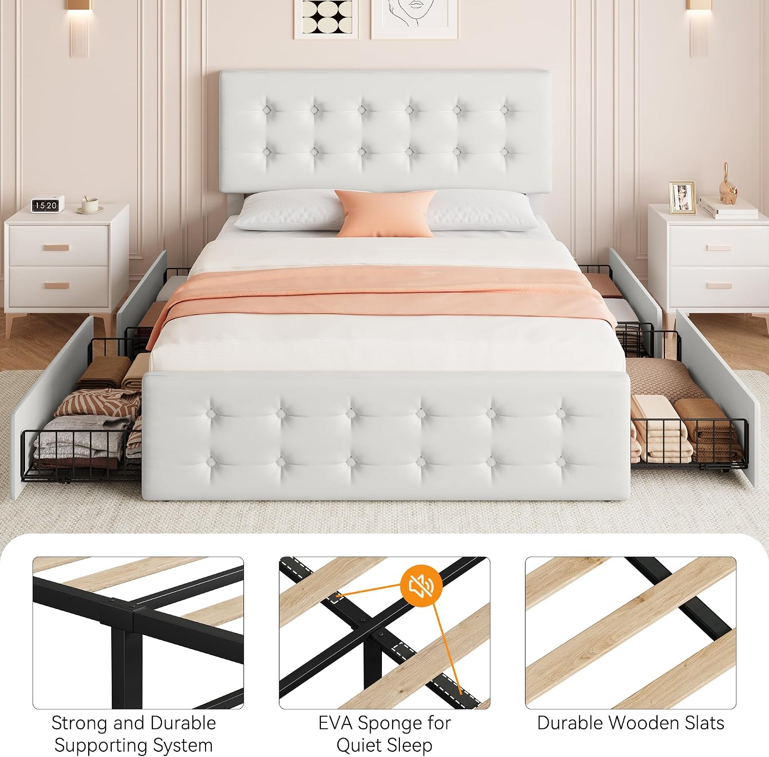 GAOMON Full Size Bed Frame with 4 Drawers and Adjustable Headboard, PU Leather Upholstered Platform Bed with Button Tufted Design, No Box Spring Needed, Strong Wooden Slats, Beige