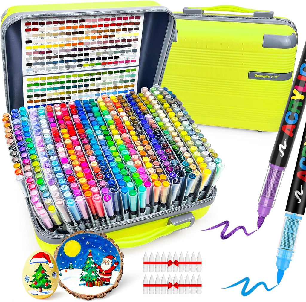 Guangna 408 Acrylic Paint Markers, Brush Tip Acrylic Paint Pens, Quick-Drying Waterproof Ink, for Rock Painting Plastic Wood Canvas Glass Ceramic Metal Art Crafts Supplies Gift