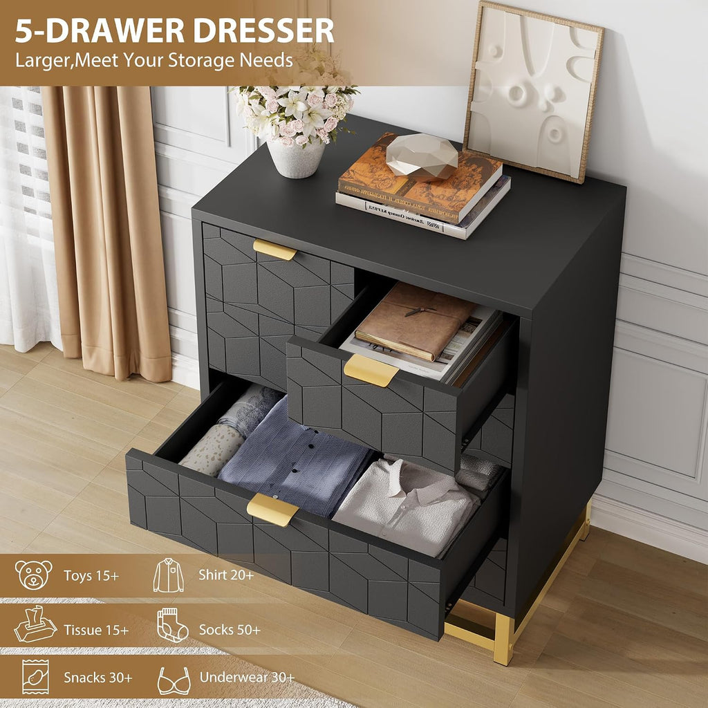 IDEALHOUSE Black Dresser for Bedroom, 5 Drawer Dresser with Metal Legs, Modern Chest Organizer with Wide Storage, Chest of Drawers for Bedroom, Living Room, Entryway