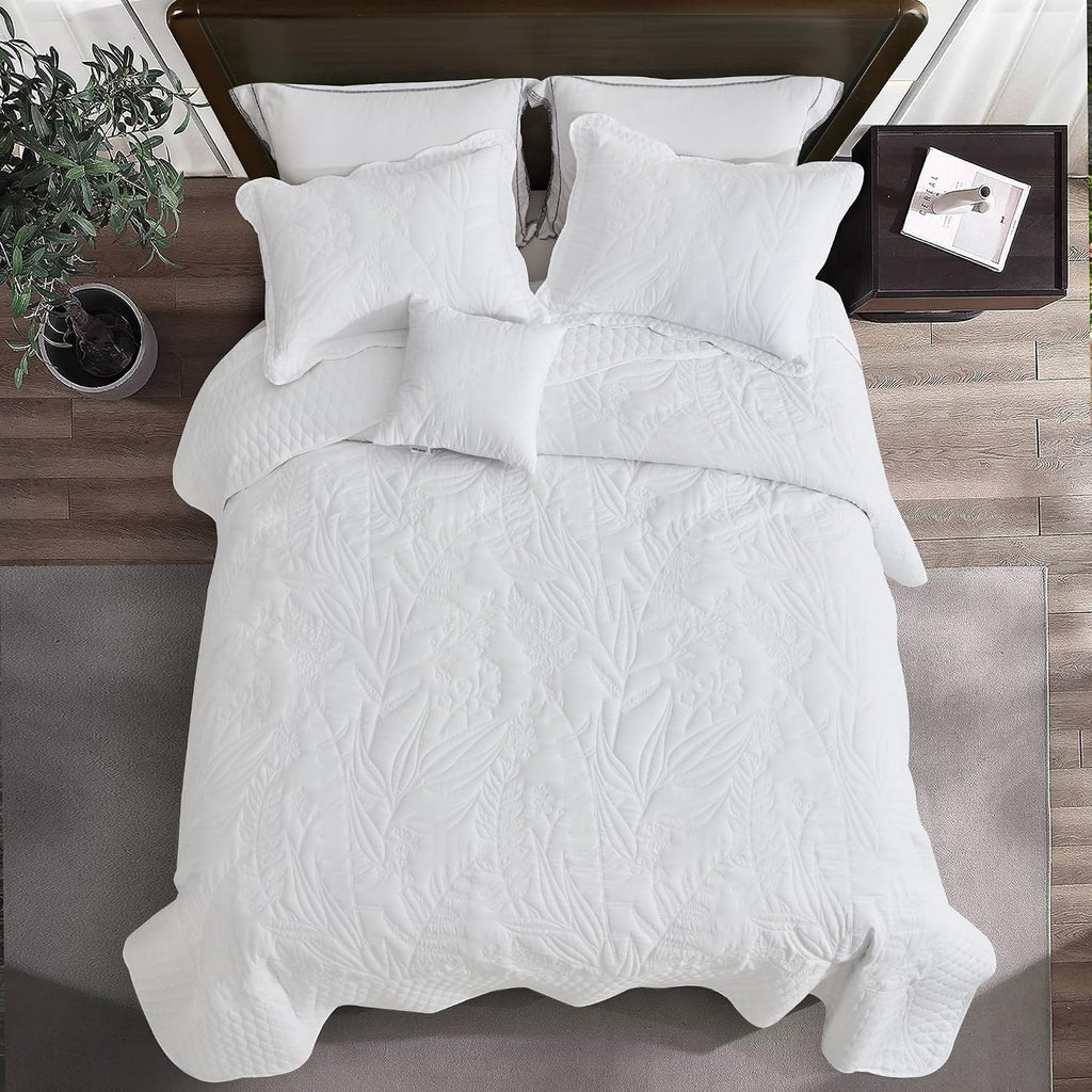 DaisyHuang Botanical Oversized Bedspread Queen Size - Leaves Pattern Stitching Quilt Set - Elegant & Fresh Style Bedding Coverlets, Reversible, Lightweight, 5 Piece, White