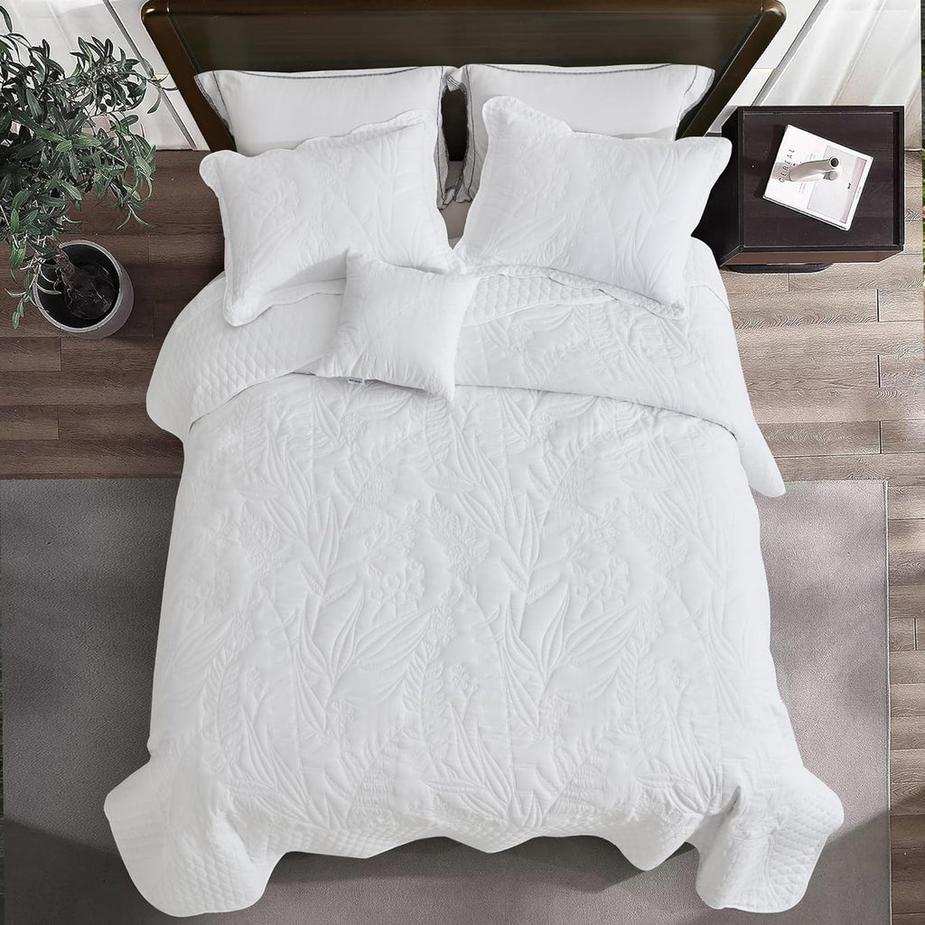 DaisyHuang Botanical Oversized Bedspread King Size - Leaves Pattern Stitching Quilt Set - Elegant & Fresh Style Bedding Coverlets, Reversible, Lightweight, 5 Piece, White