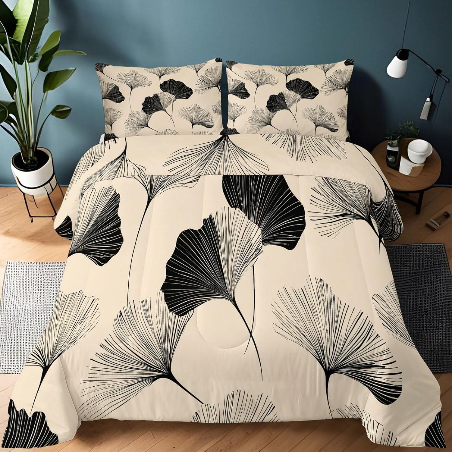 Comforter Set King with 2 Pillowcase, Hand Drawn Graffiti Ginkgo Leaves 3 Pcs Quilted Bedding for Kids and Adults, Soft Fluffy Breathable Microfiber Beige Comforter for Bedroom Decor