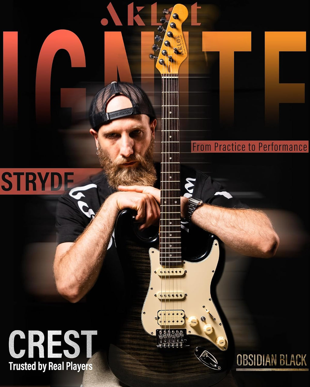 AKLOT Beginner Electric Guitar Kit: 10W Amp, Coil-Split HSS Pickups, Lesson Book, Roasted Maple Neck, Gig Bag, Tuner, Strap, Picks, Stryde Obsidian Black