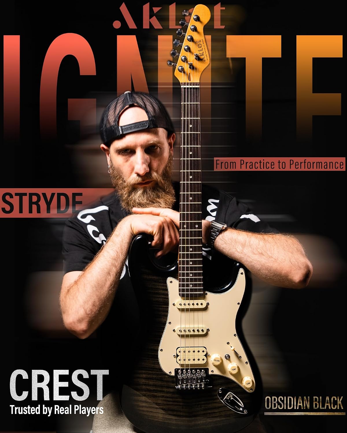 AKLOT Beginner Electric Guitar Kit: 10W Amp, Coil-Split HSS Pickups, Lesson Book, Roasted Maple Neck, Gig Bag, Tuner, Strap, Picks, Stryde Obsidian Black