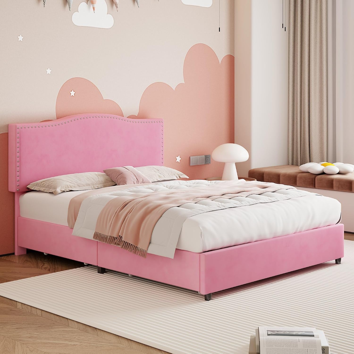VECELO Full Bed Frame, Platform Bed Frame with 4 Underbed Storage Drawers & Adjustable Height Upholstered Headboard, Heavy-Duty Frame and Strong Wooden Slats Support, Noise-Free, Easy Assembly, Pink