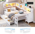 DICTAC Corner Twin Bed Frame with Desk,Charging Station and Bookcase Storage Metal Platform Bed Frame with Storage Drawers and Led Lights Twin Size Daybed with Desk and Shelves for Kids/Teen,White