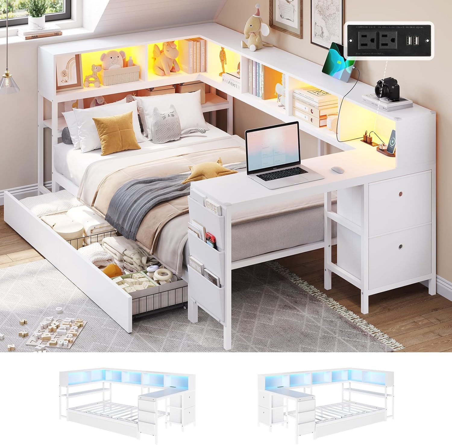 DICTAC Corner Twin Bed Frame with Desk,Charging Station and Bookcase Storage Metal Platform Bed Frame with Storage Drawers and Led Lights Twin Size Daybed with Desk and Shelves for Kids/Teen,White