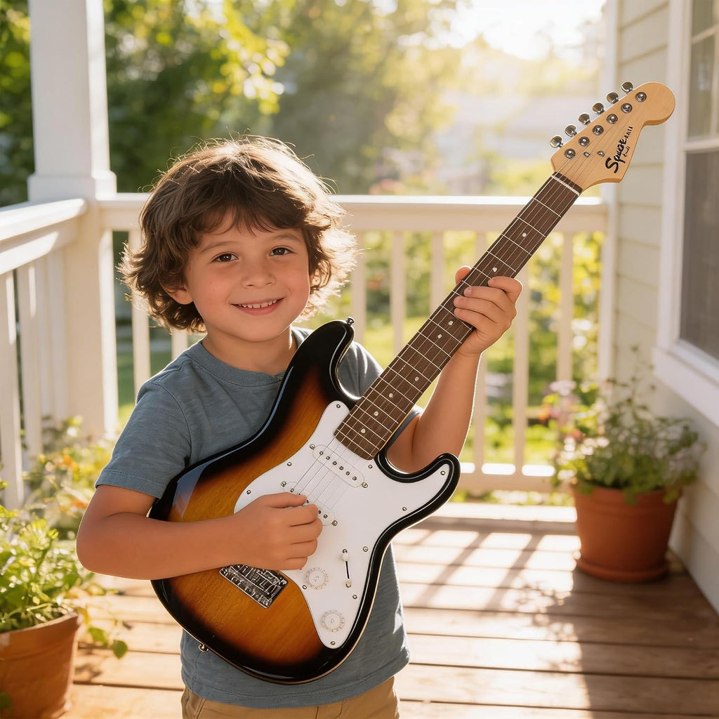 Fender Squier 3/4-Size Kids Mini Strat Electric Guitar - Sunburst Bundle with Amplifier, Cable, Tuner, Strap, Picks, and Austin Bazaar Instructional DVD