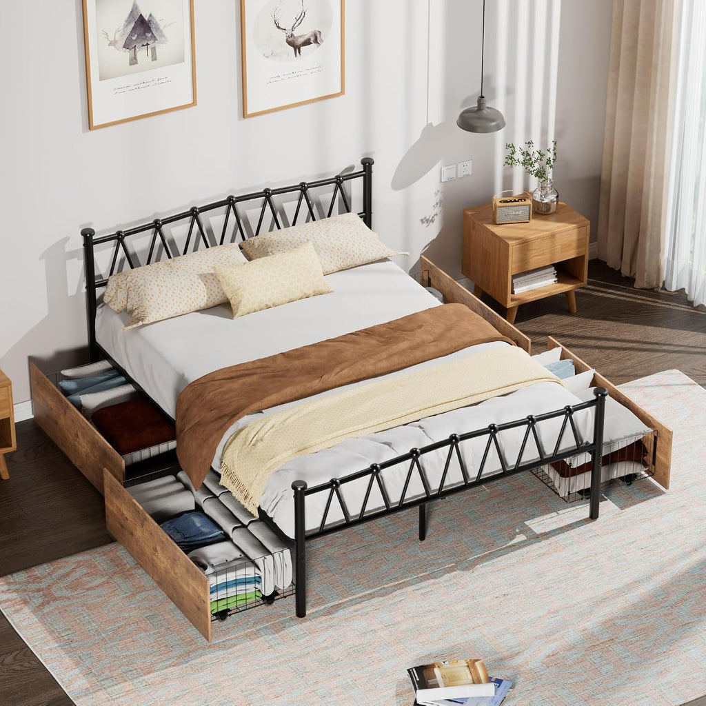 VECELO Queen Bed Frame with 4 Large Drawers,Queen Size Metal Platform Bed Frames with Headboard/Mattress Foundation/No Box Spring Needed