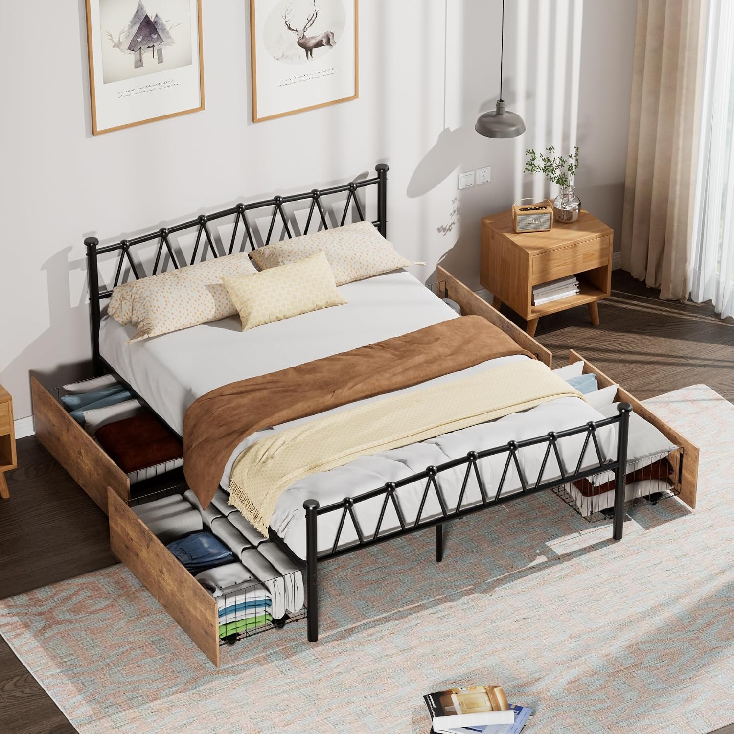 VECELO Queen Bed Frame with 4 Large Drawers,Queen Size Metal Platform Bed Frames with Headboard/Mattress Foundation/No Box Spring Needed