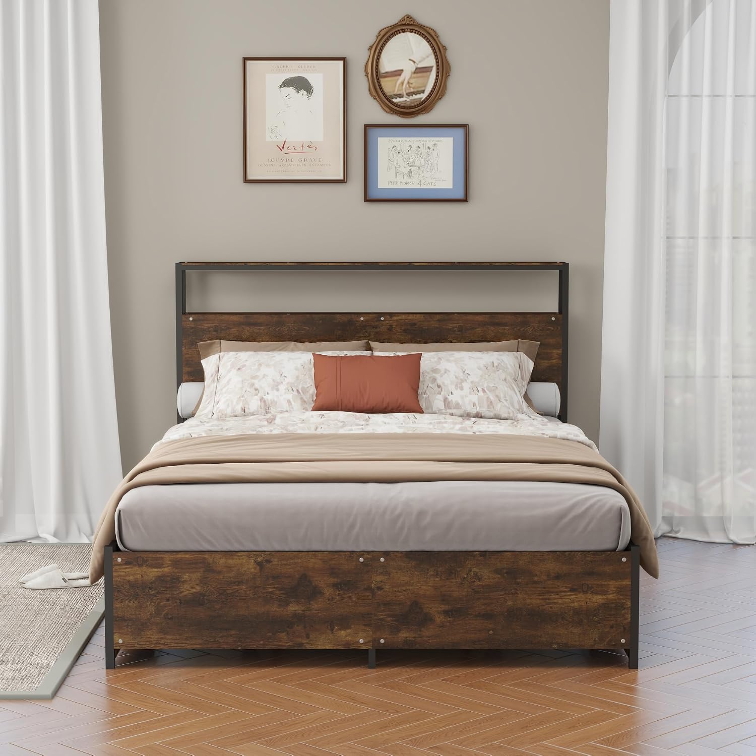 Panana Full/Queen Size Bed Frame with 4 Storage Drawers and Headboard, 2 Tier Shelves Headboard Storage, with Slats, Noise Free, No Box Spring Needed (Vintage Brown, Full)