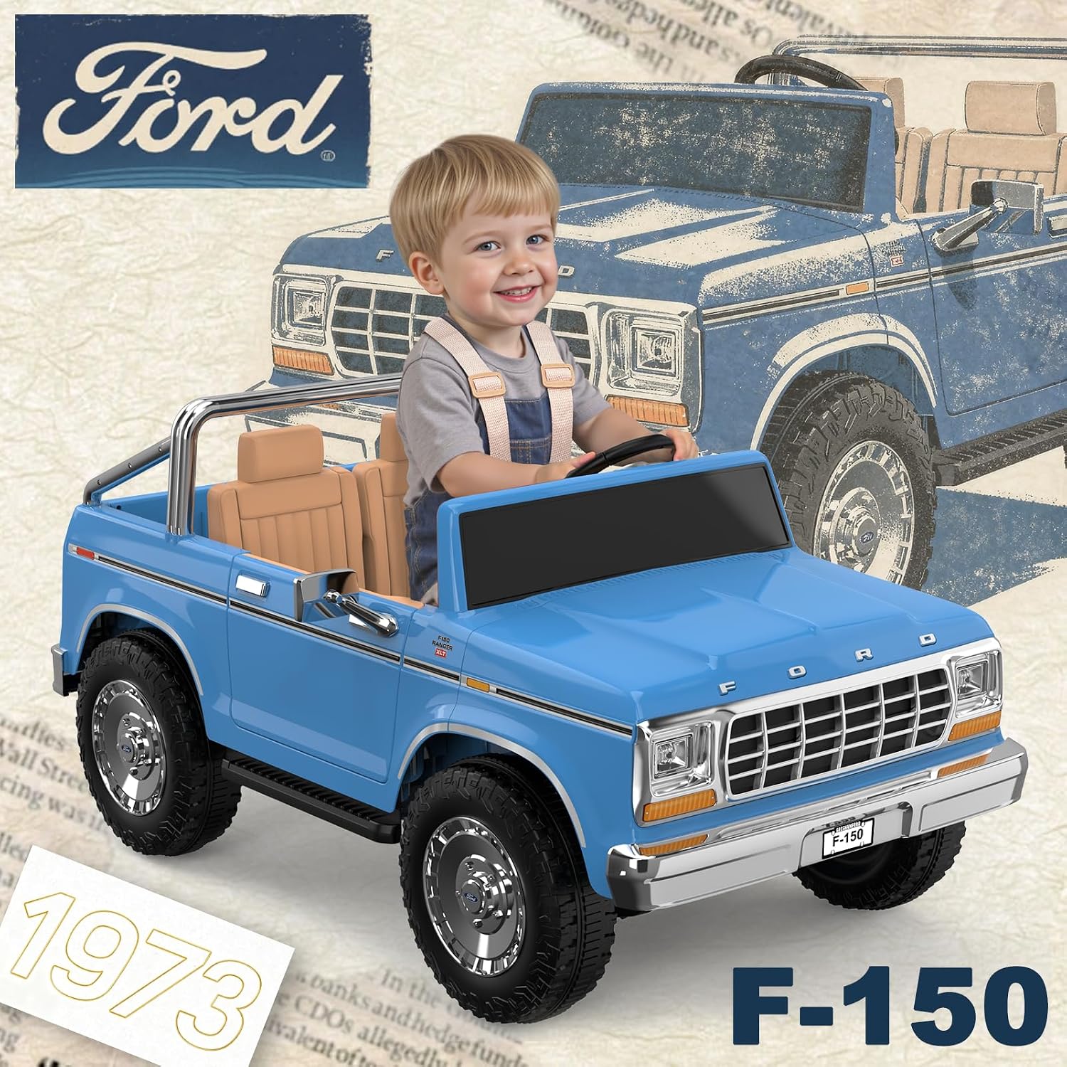 ANPABO Licensed Ford F-150 24V 2 Seater Ride on Car for Kids, 4x100W Motors for All-Terrain Electric Car with Parental Remote, Retro Style, 3-Speeds, Large Storage Box, Music Player, Aged 3-8, Blue
